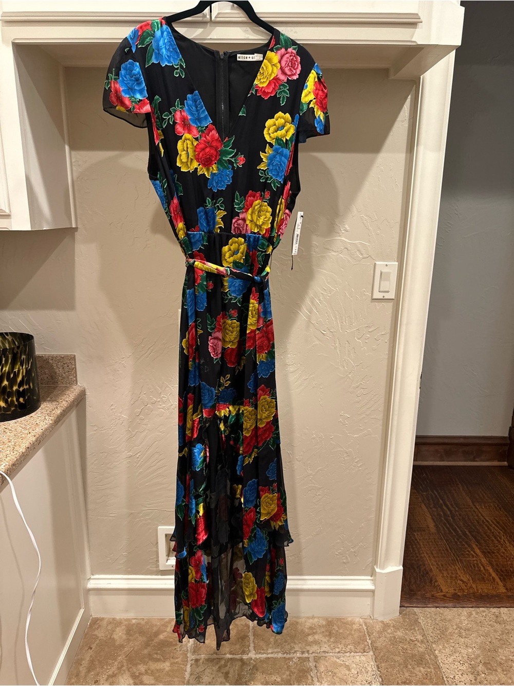 Alice + Olivia Black Floral Maxi Dress with Red, Blue & Yellow Blooms